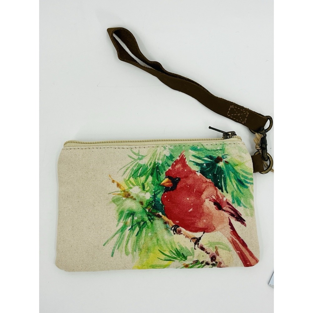 New Cott n Curls Red Cardinal Print Canvas Zip Tip Clutch Wristlet Pouch